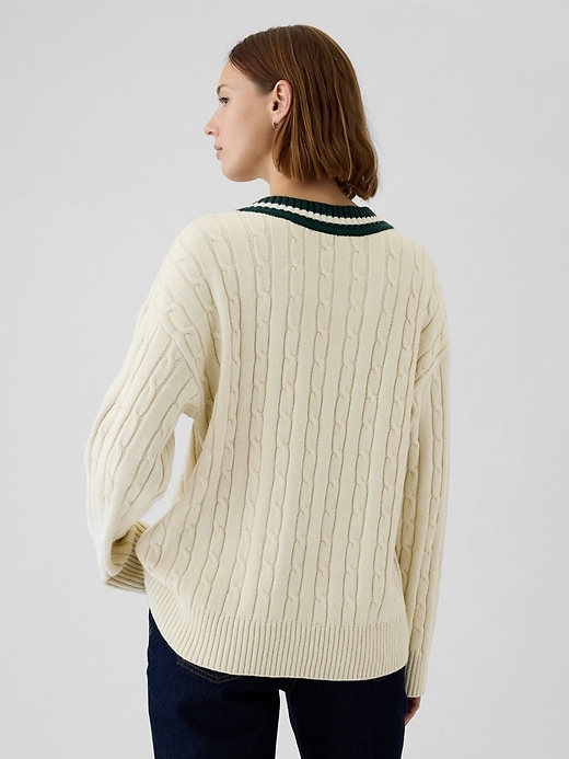 Image number 2 showing, CashSoft Varsity Cable-Knit Sweater