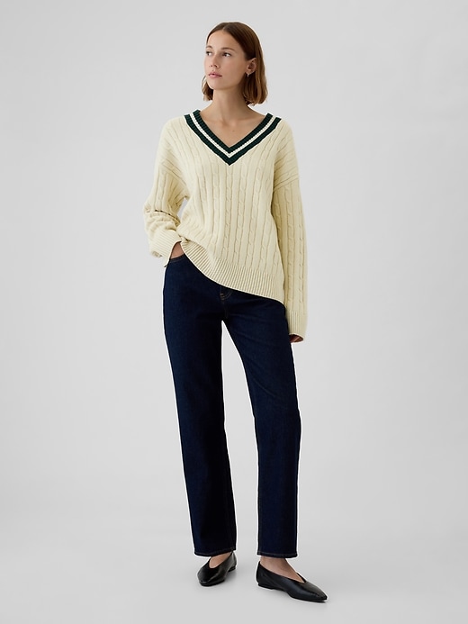 Image number 3 showing, CashSoft Varsity Cable-Knit Sweater