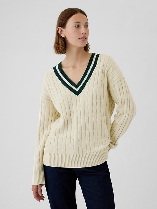 Image number 1 showing, CashSoft Varsity Cable-Knit Sweater