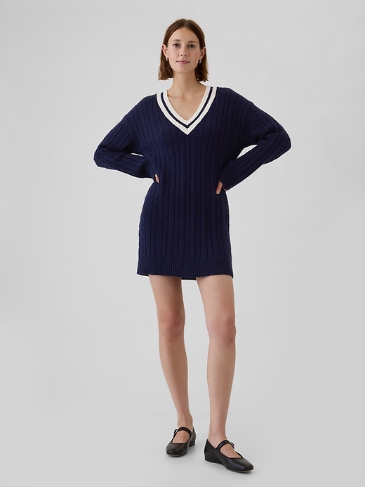 Image number 1 showing, CashSoft Varsity Cable-Knit Mini Sweater Dress