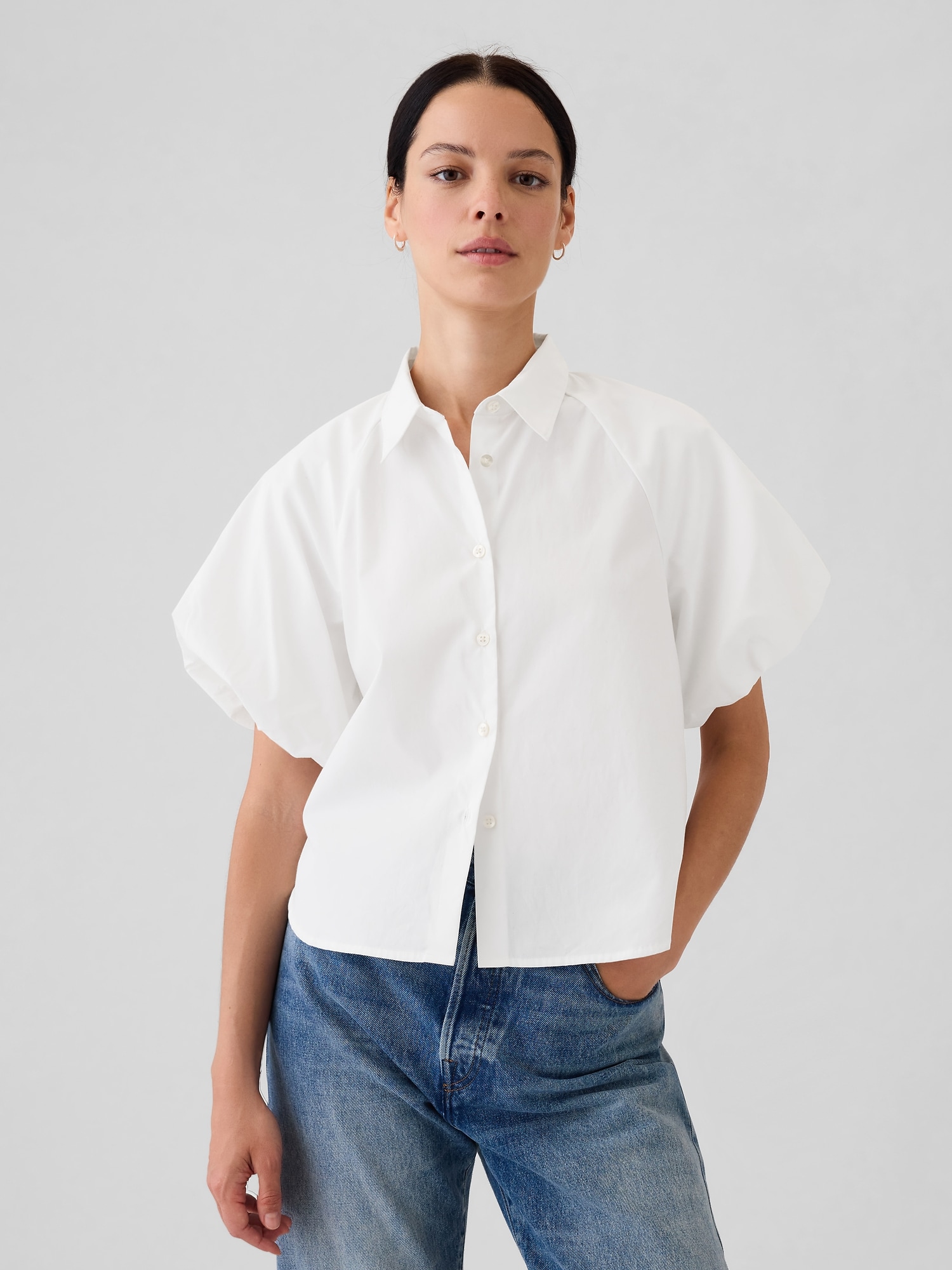 Organic Cotton Poplin Bubble-Sleeve Shirt