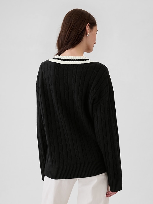 Image number 2 showing, CashSoft Varsity Cable-Knit Sweater