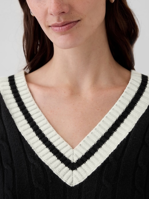 Image number 4 showing, CashSoft Varsity Cable-Knit Sweater