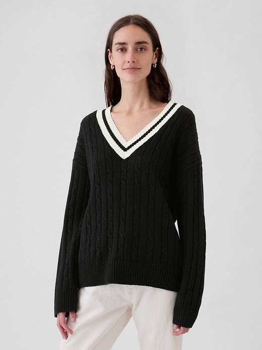 Image number 1 showing, CashSoft Varsity Cable-Knit Sweater