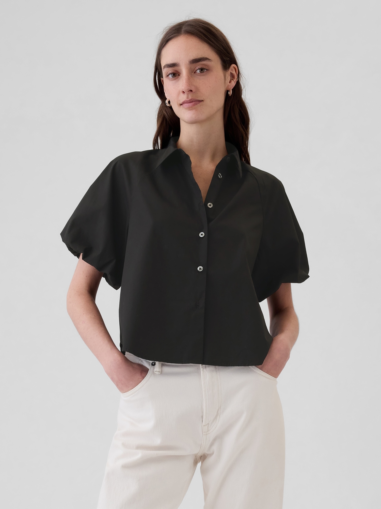 Organic Cotton Poplin Bubble-Sleeve Shirt