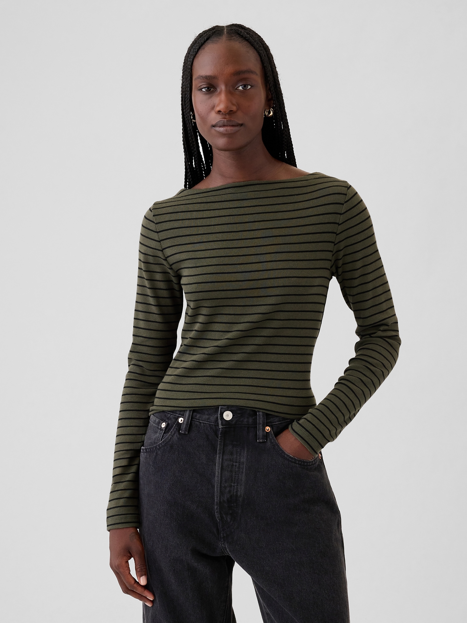 Modern Rib Cropped Boatneck T-Shirt - Green