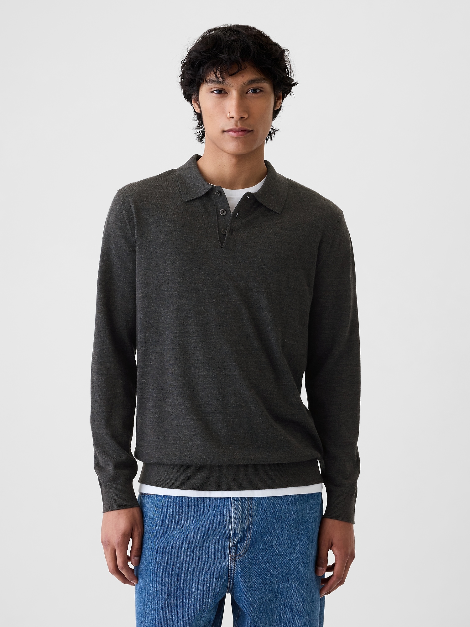 Merino Polo Sweater - Gray