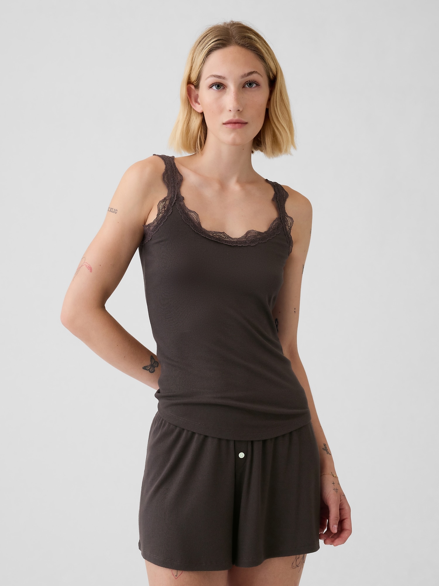 Mini Rib Lace PJ Tank Top - Brown