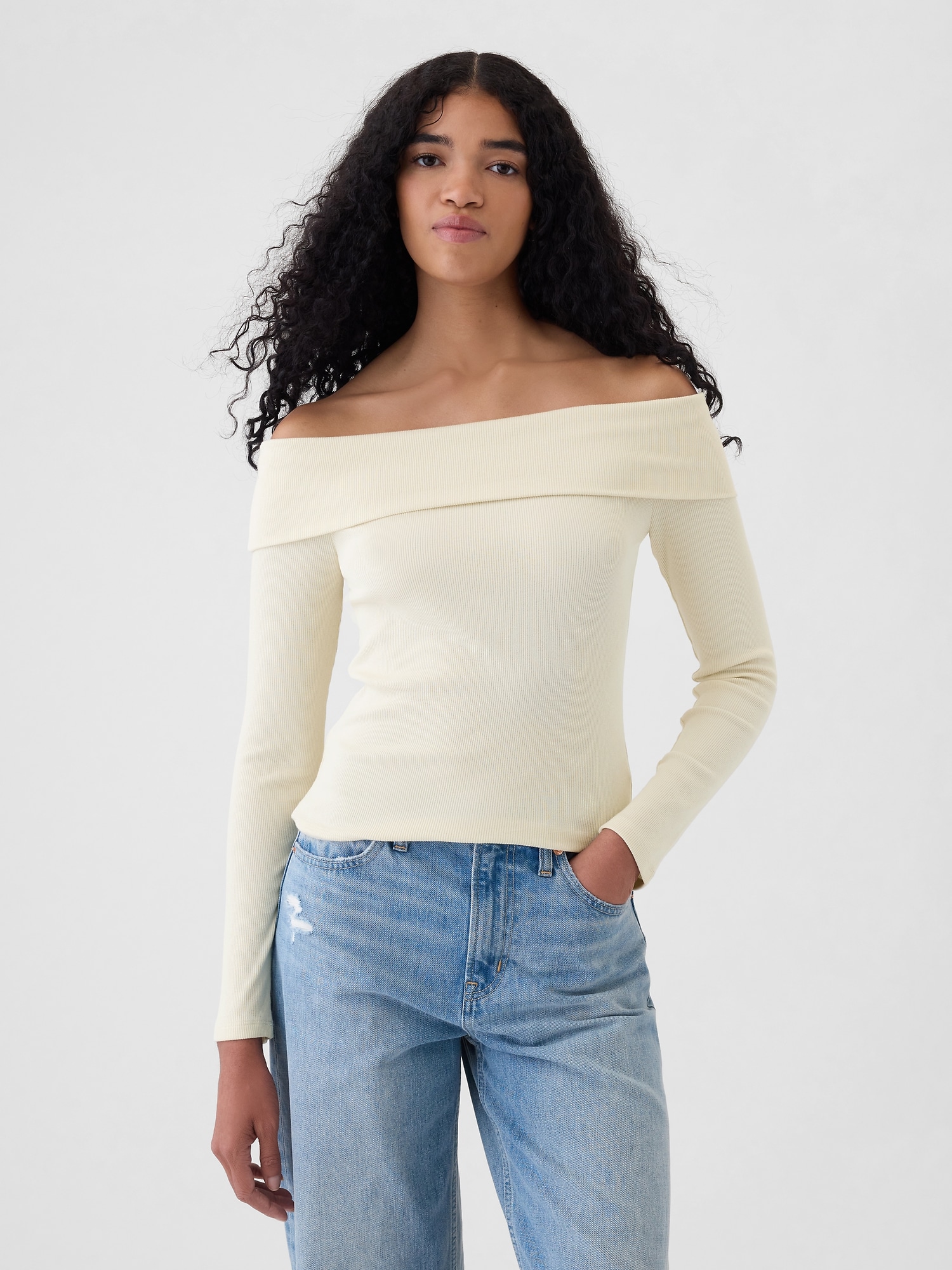 Modern Rib Off-Shoulder Cropped Top - Beige