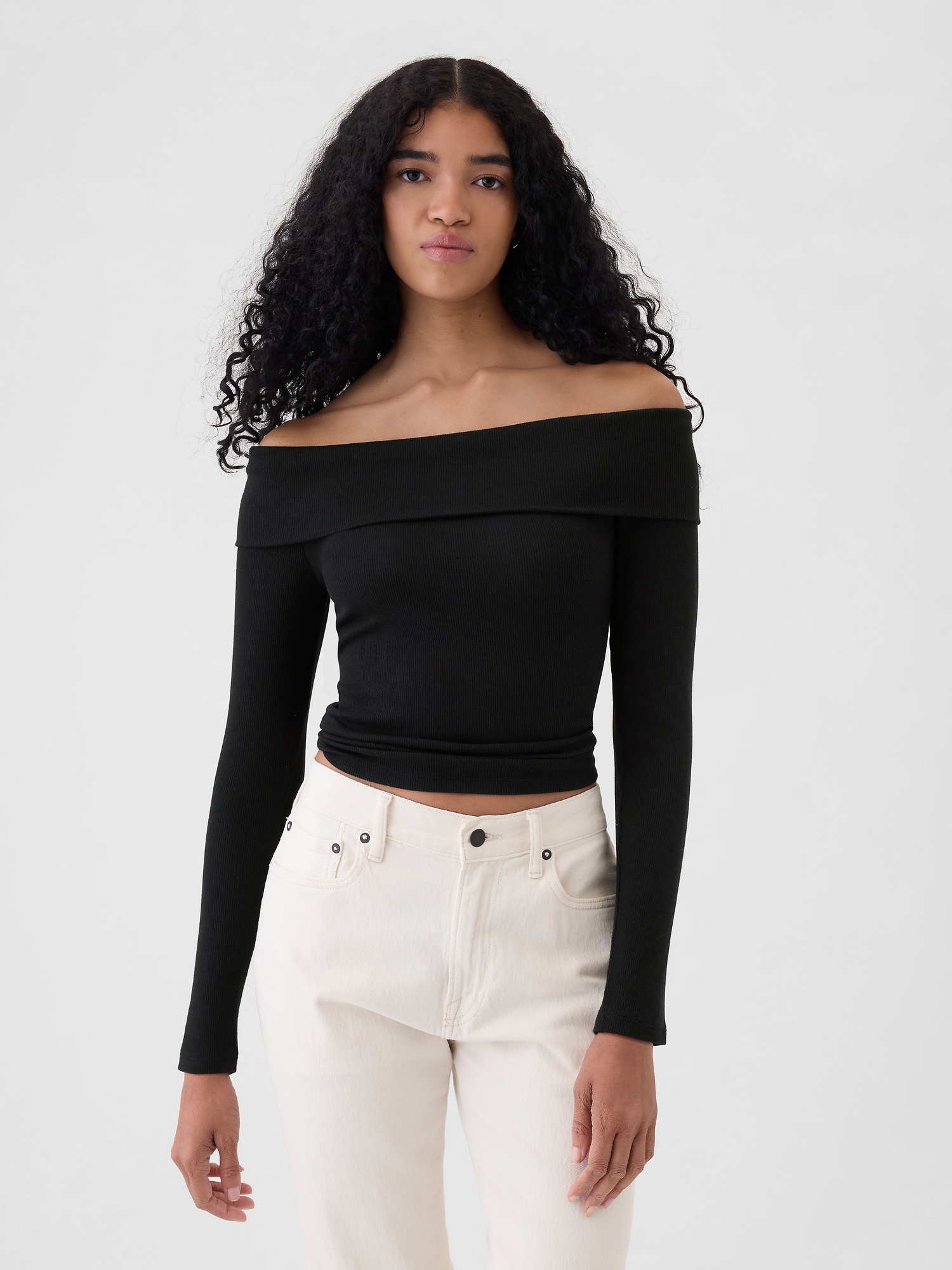 Modern Rib Off-Shoulder Cropped Top - Black