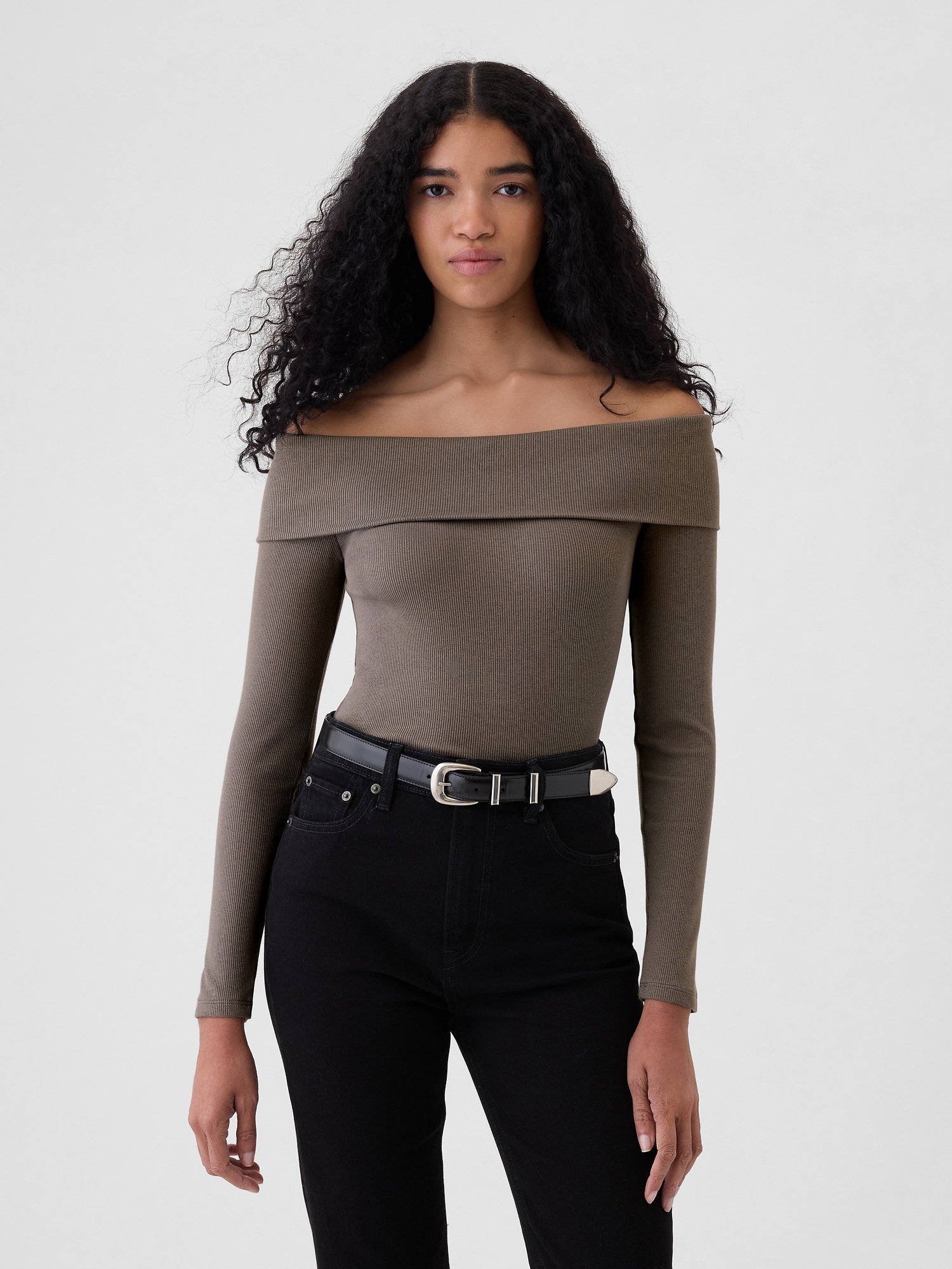 Modern Rib Off-Shoulder Cropped Top - Brown