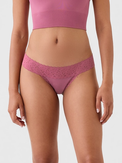 Image number 1 showing, Organic Stretch Cotton Lace-Trim Thong