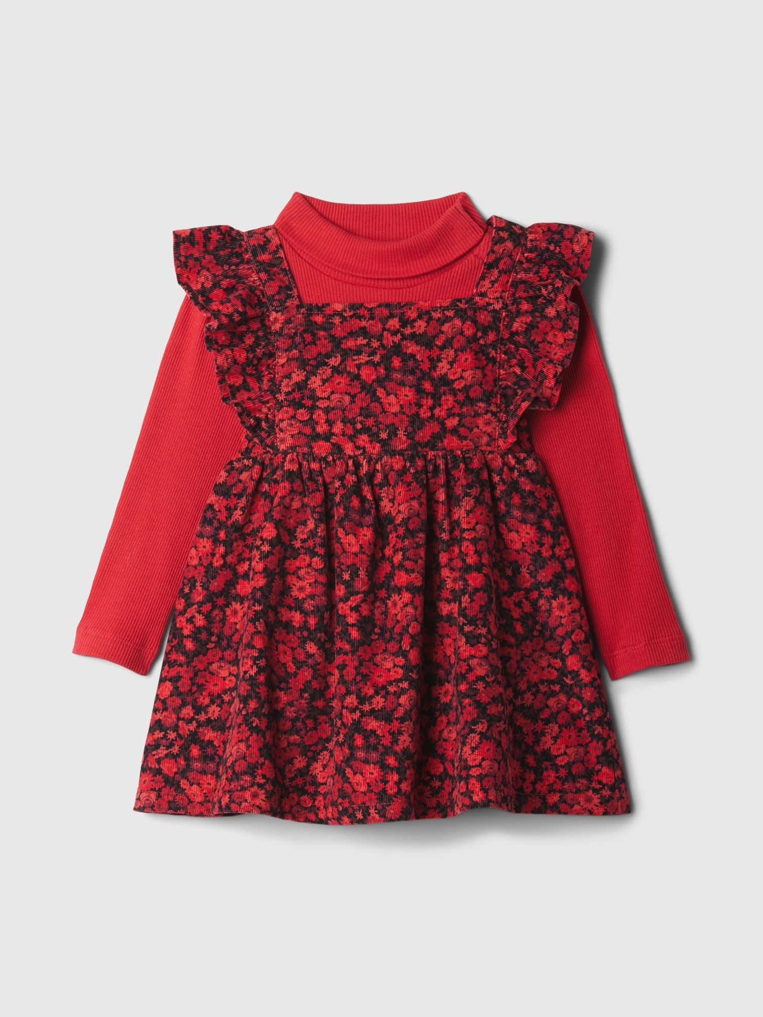 Baby Turtleneck Ruffle Pinafore Dress Set - Red