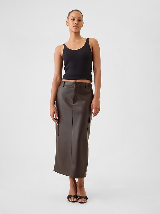 Image number 1 showing, Vegan Leather Cargo Midi Skirt