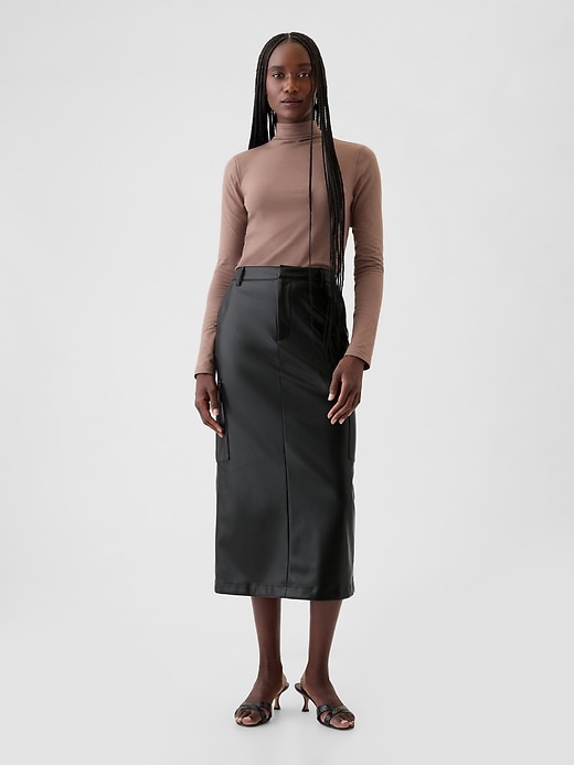 Image number 1 showing, Vegan Leather Cargo Midi Skirt