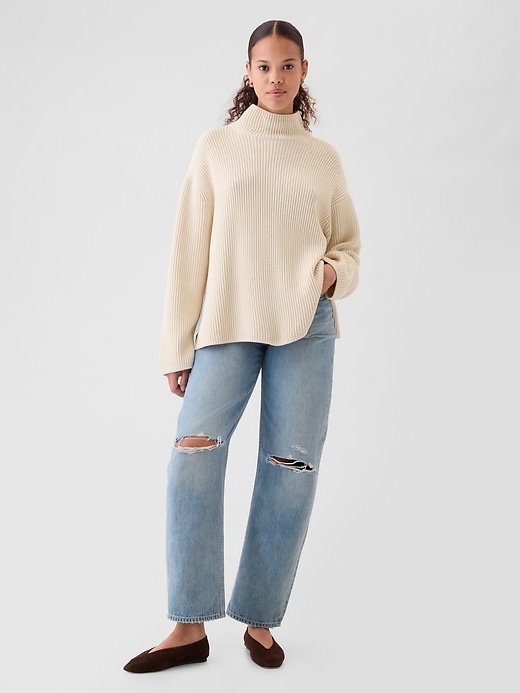 Image number 3 showing, 100% Cotton Oversized Split-Hem Mockneck Sweater