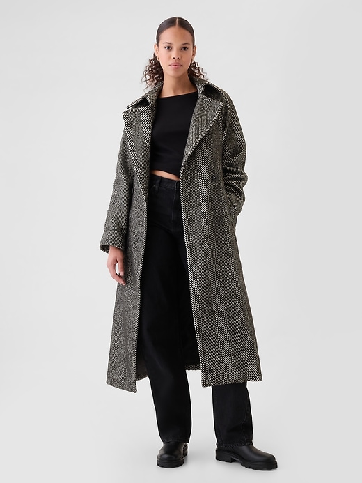 Image number 1 showing, Double-Breasted Herringbone Belted Trench Coat