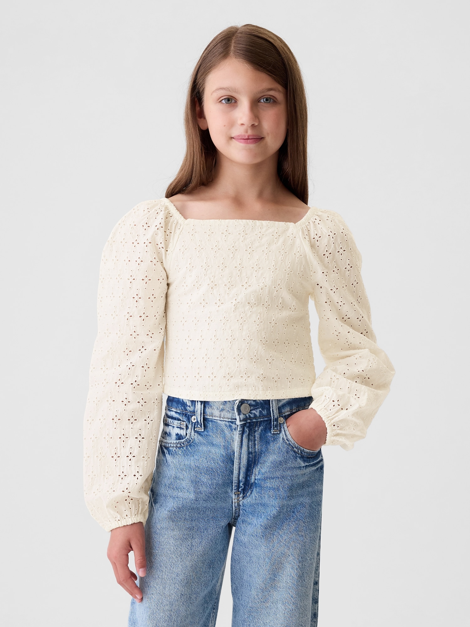 Kids Cropped Puff Sleeve Shirt - Beige