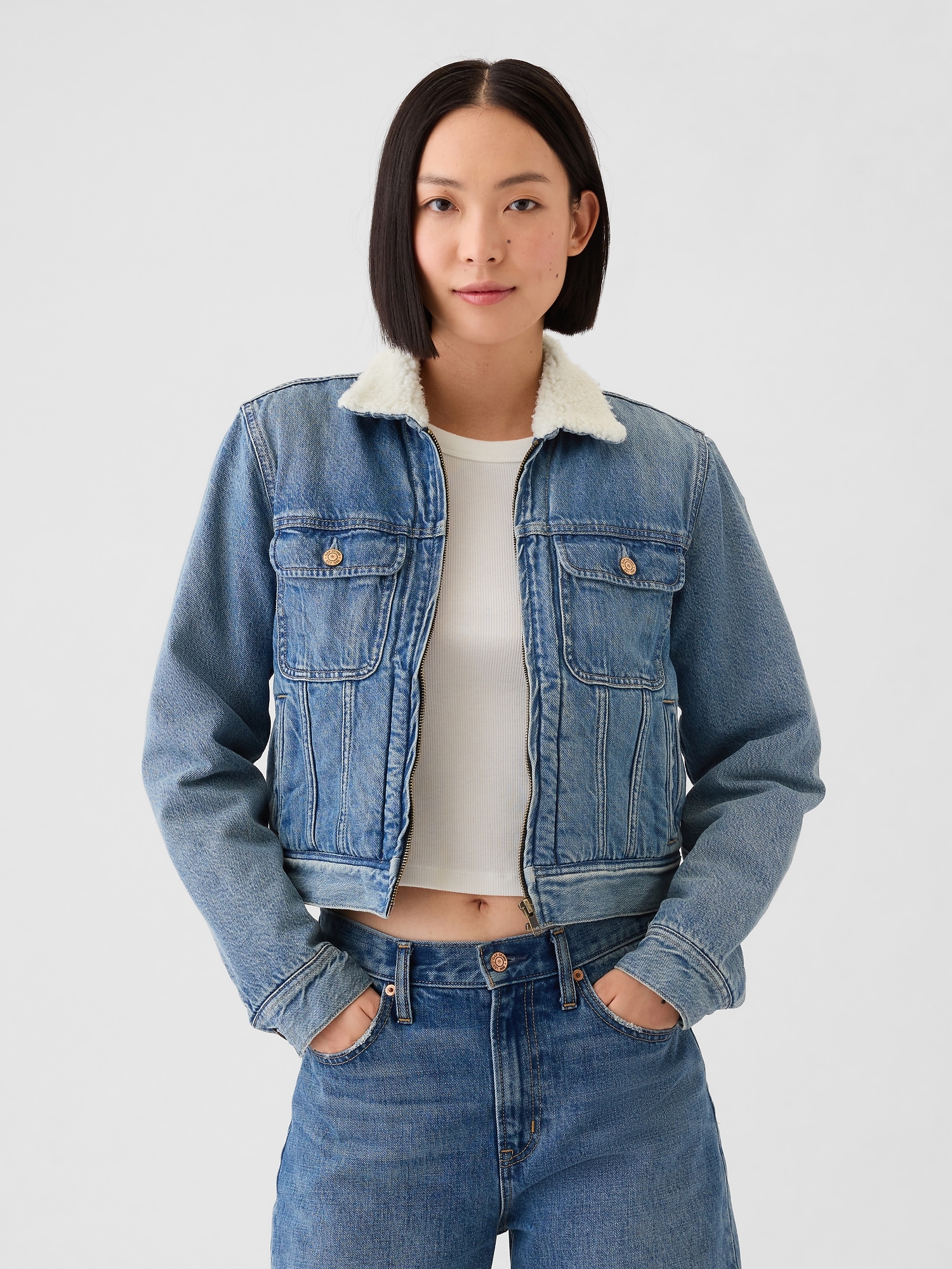 Sherpa-Lined Denim Jacket - Blue