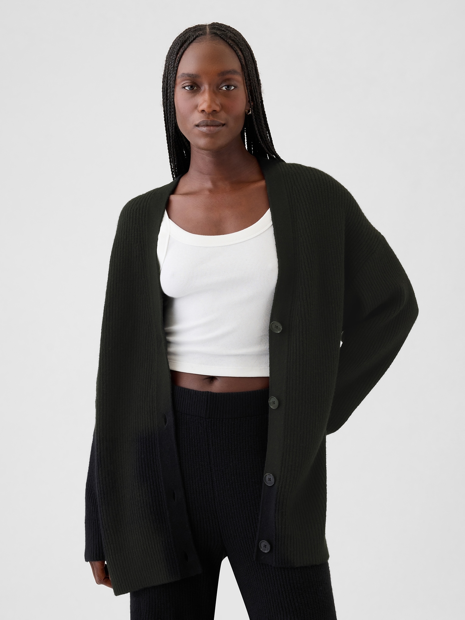 CashSoft Shaker-Stitch Boyfriend Cardigan