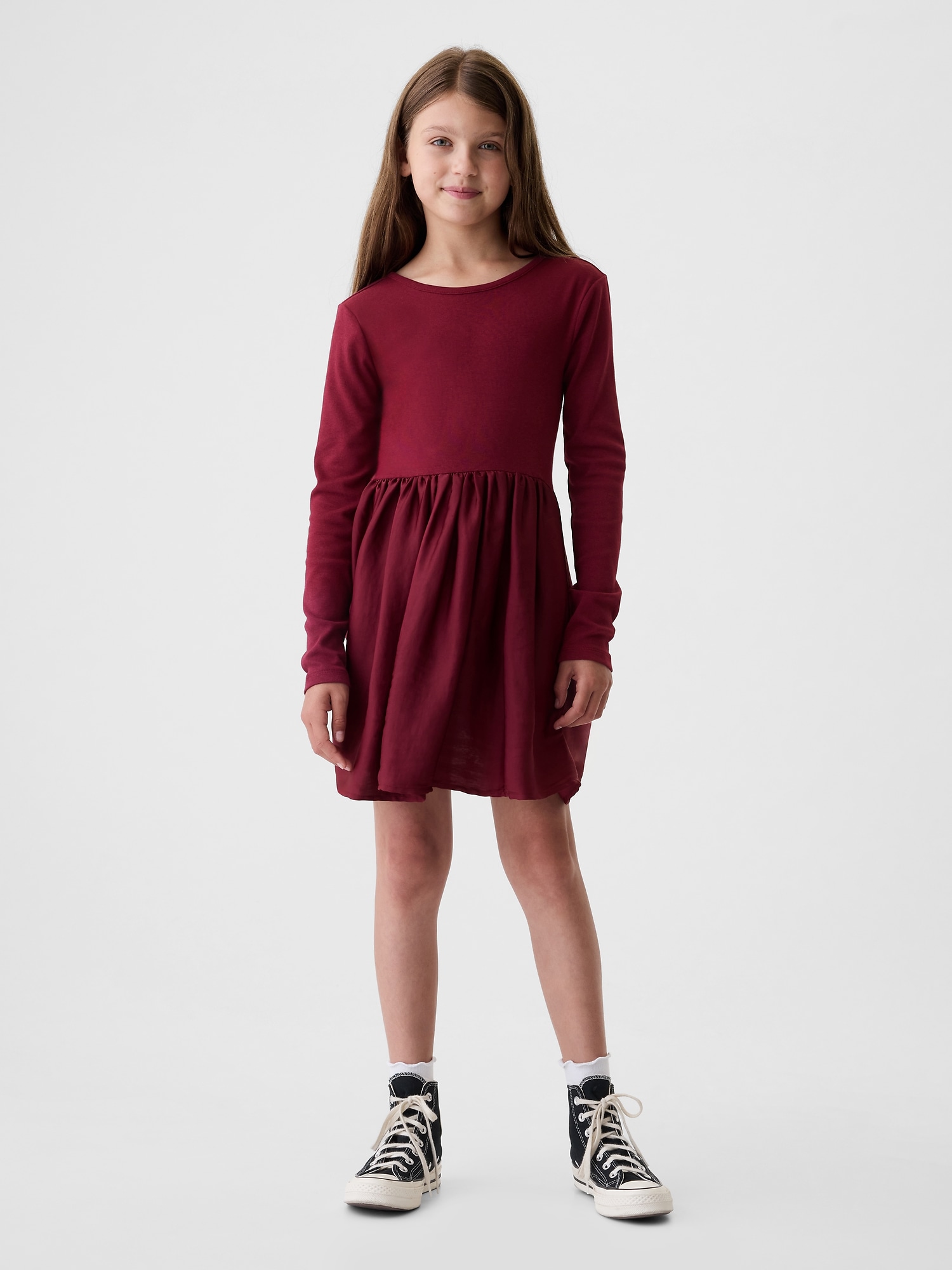 Kids Mixed Media Satin Dress - Red