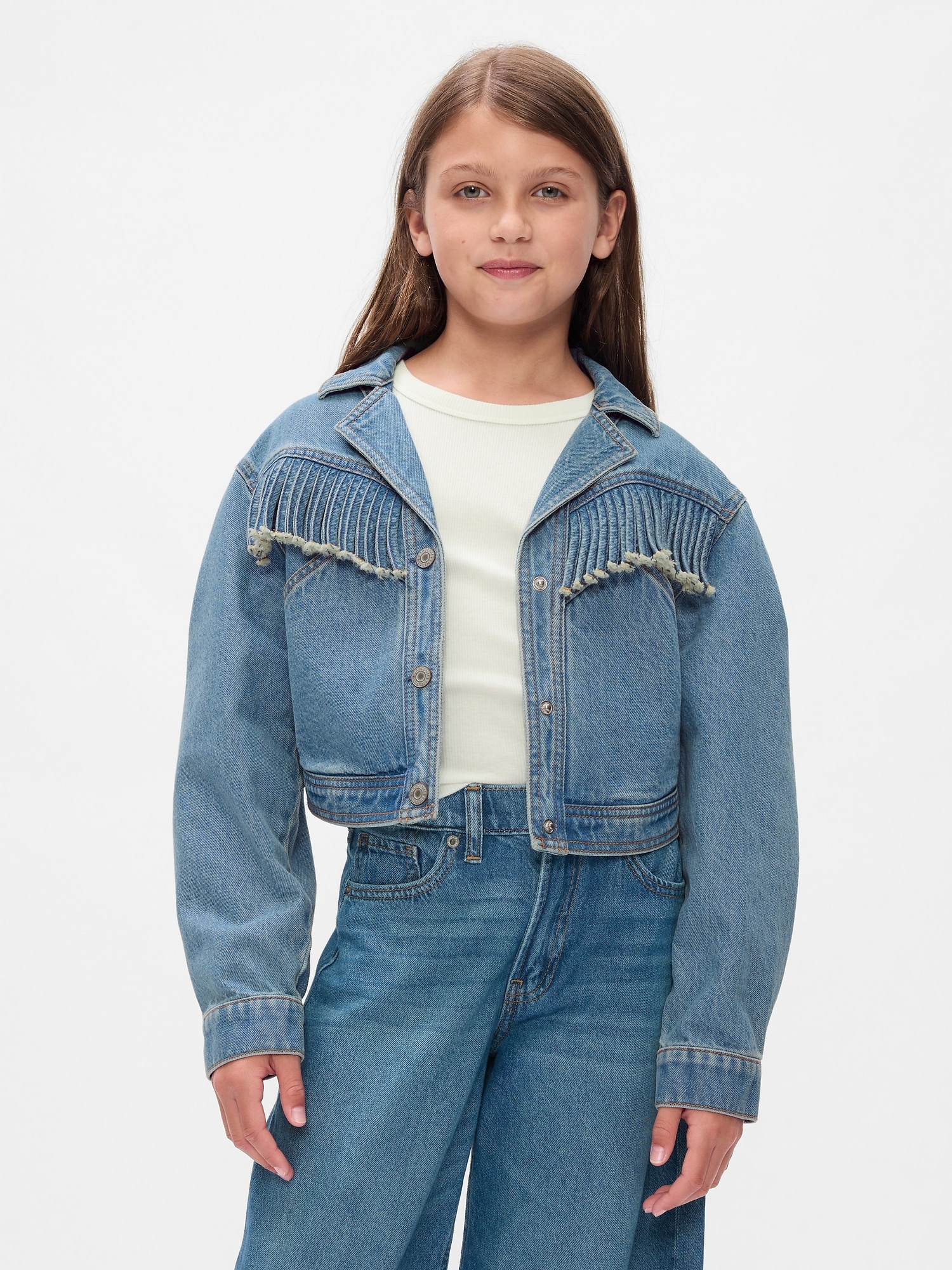 Kids Fringe Western Denim Jacket - Blue