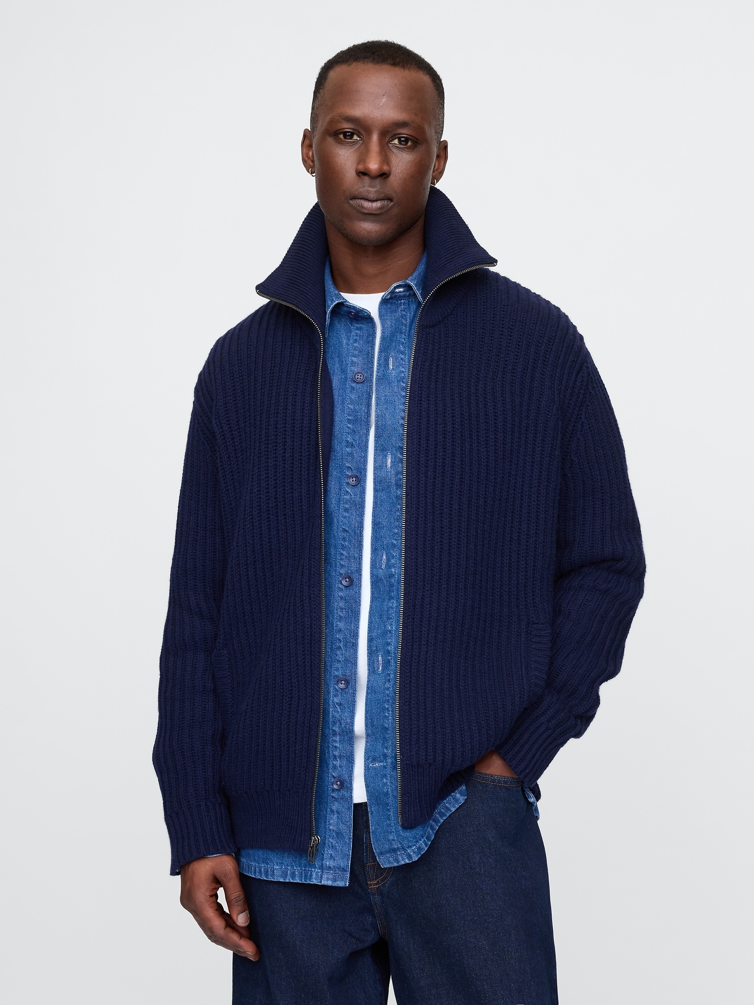 Full-Zip Sweater Cardigan - Blue