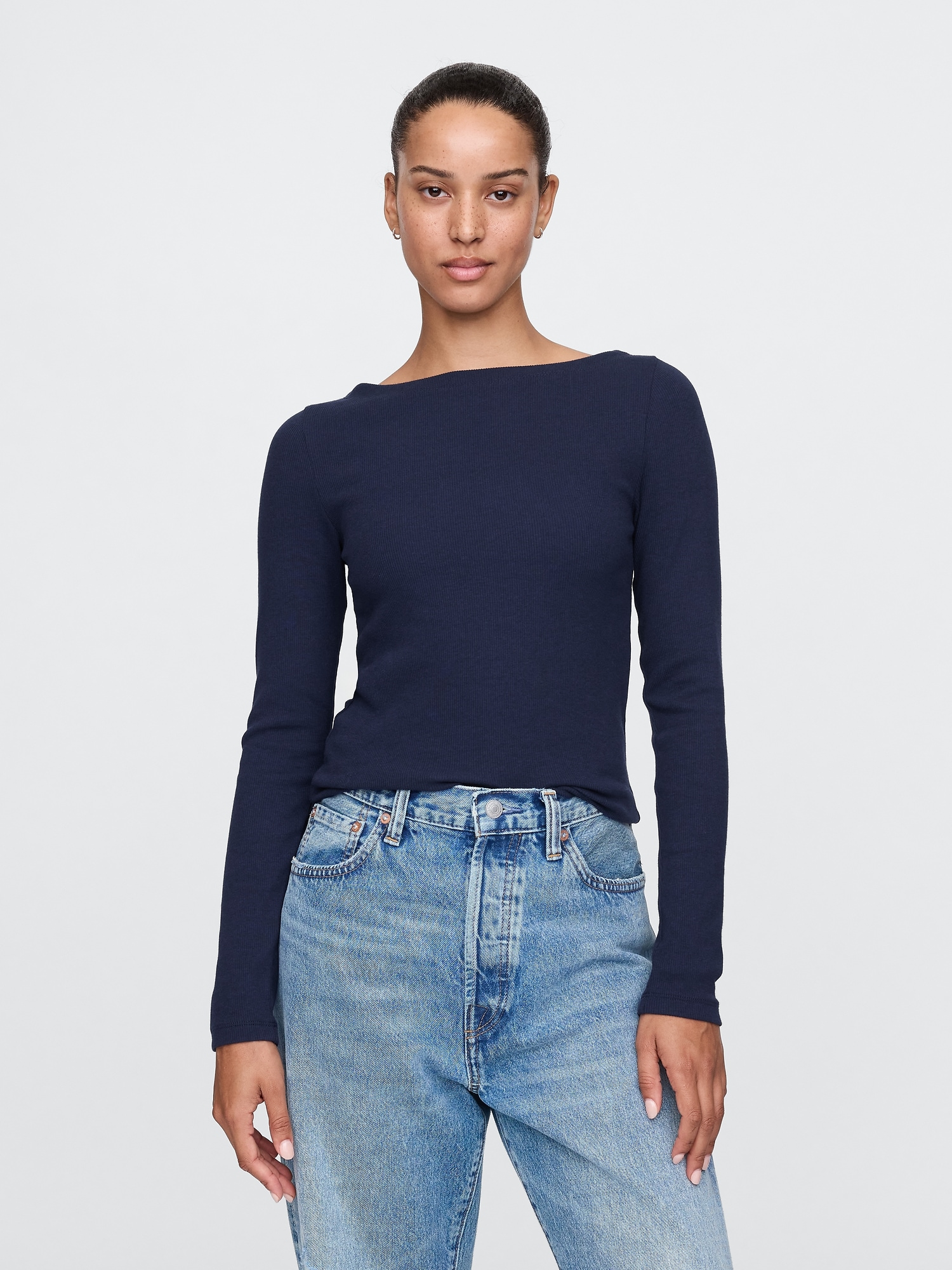 Modern Rib Cropped Boatneck T-Shirt - Blue