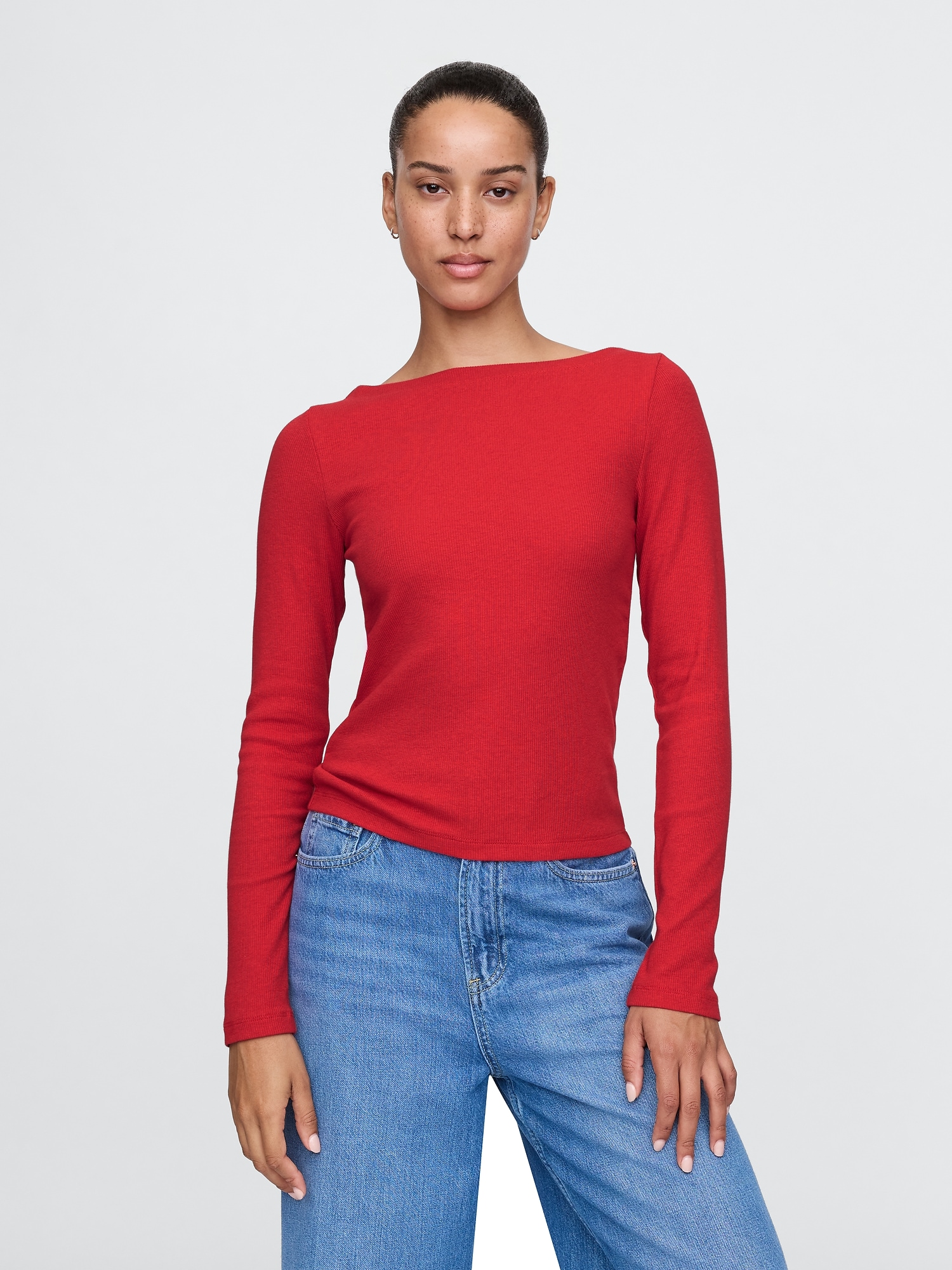 Modern Rib Cropped Boatneck T-Shirt - Red