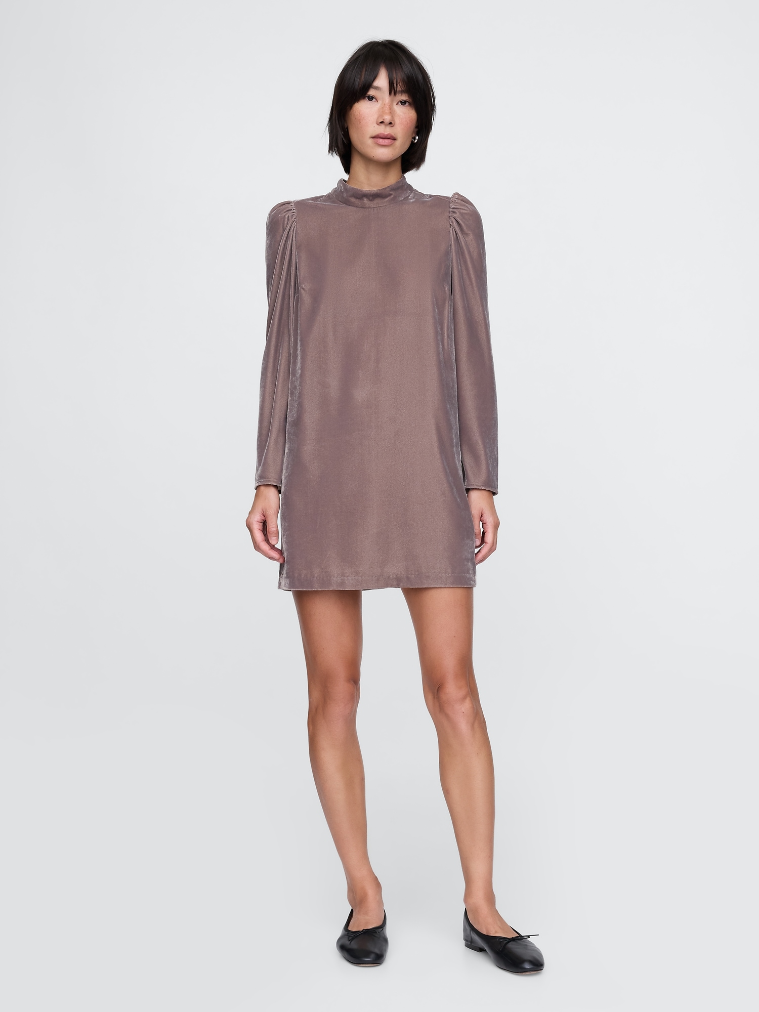 Recycled Velvet Puff Sleeve Mini Dress - Brown