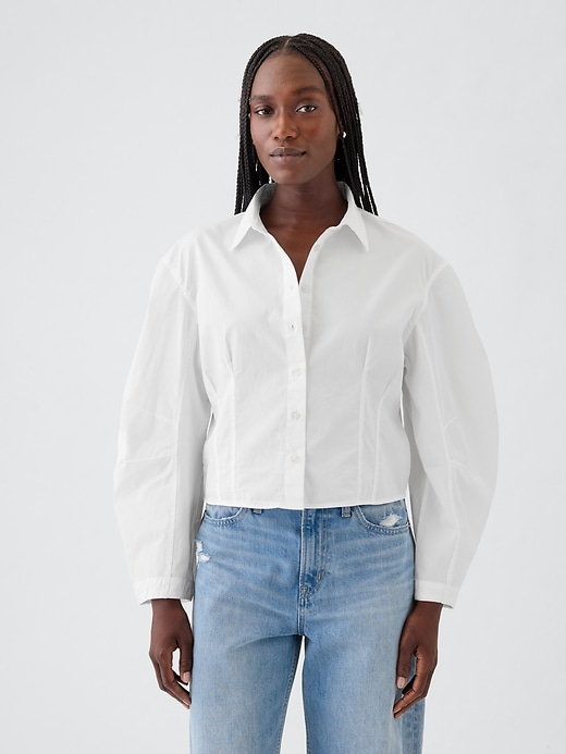 Image number 1 showing, Organic Cotton Poplin Barrel-Sleeve Cropped Shirt