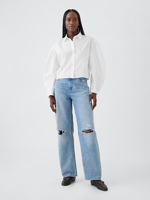 Image number 3 showing, Organic Cotton Poplin Barrel-Sleeve Cropped Shirt