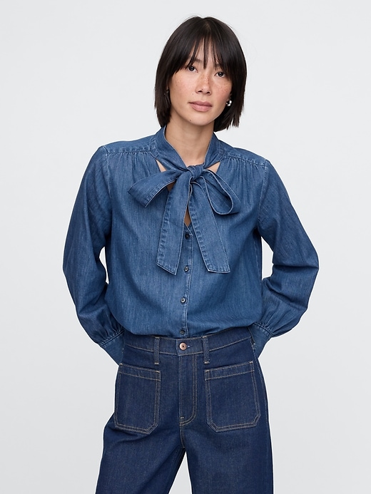 Image number 1 showing, Denim Tie-Neck Shirt