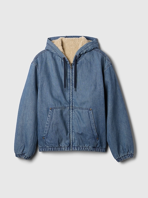 Image number 5 showing, Oversized Sherpa-Lined Denim Zip Hoodie