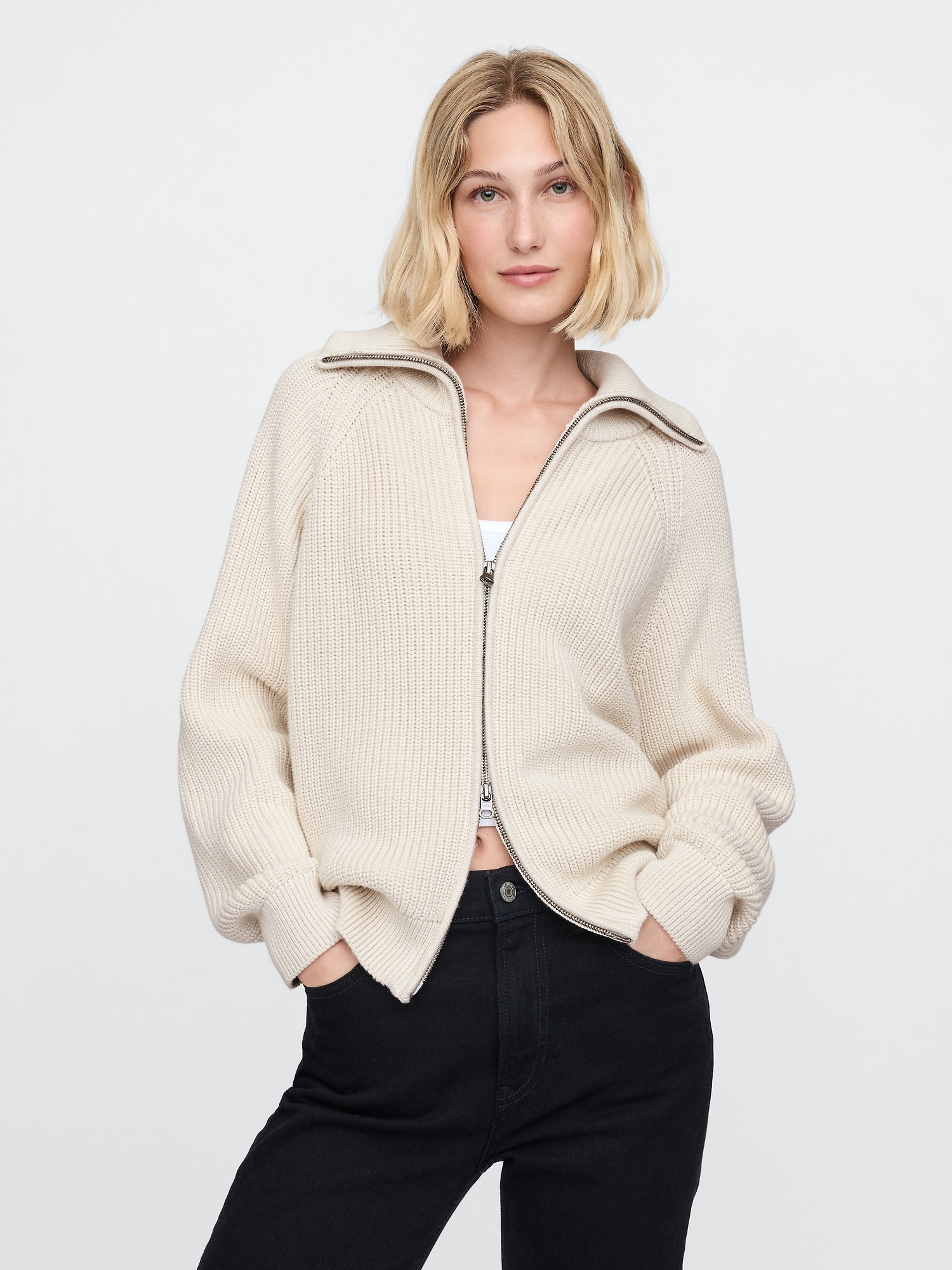 Shaker-Stitch Zip Cardigan