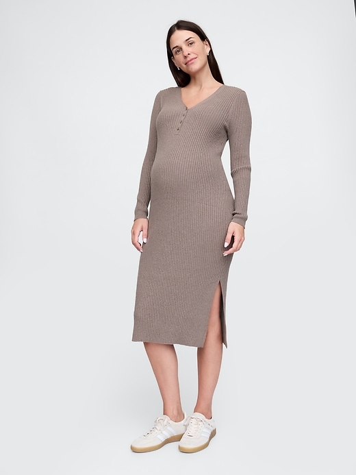 Image number 1 showing, Maternity CashSoft Rib Henley Midi Sweater Dress