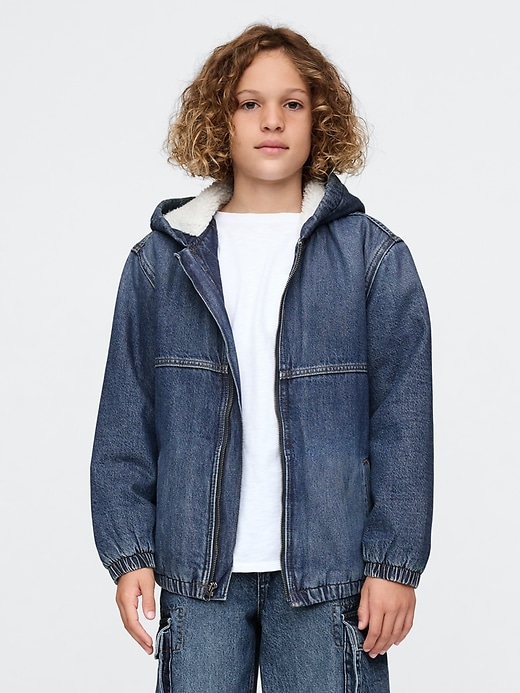 Image number 1 showing, Kids Cozy Denim Hooded Jacket