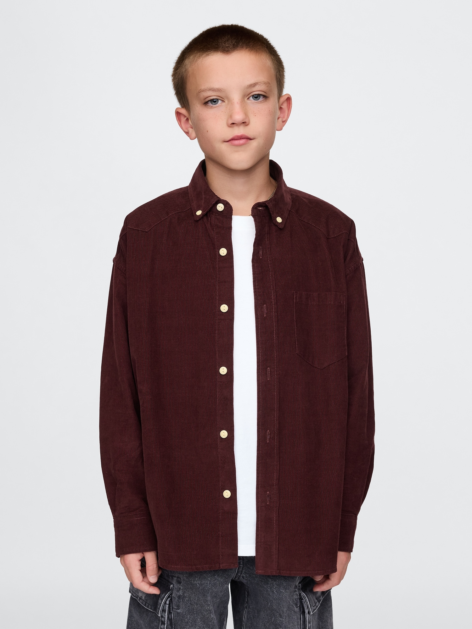 Kids Oversized Corduroy Western Shirt - Red