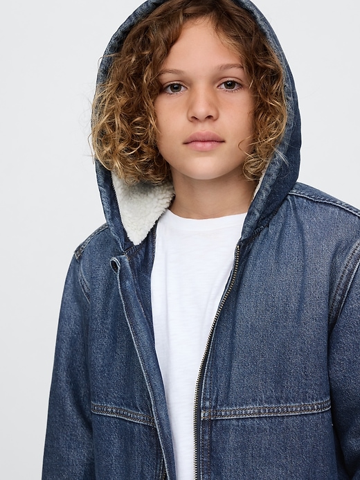 Image number 5 showing, Kids Cozy Denim Hooded Jacket