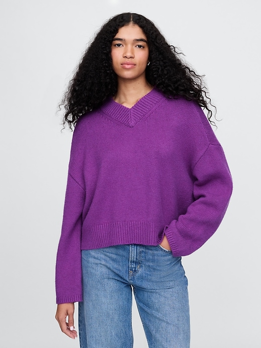 Image number 1 showing, CashSoft Cropped High V-Neck Sweater