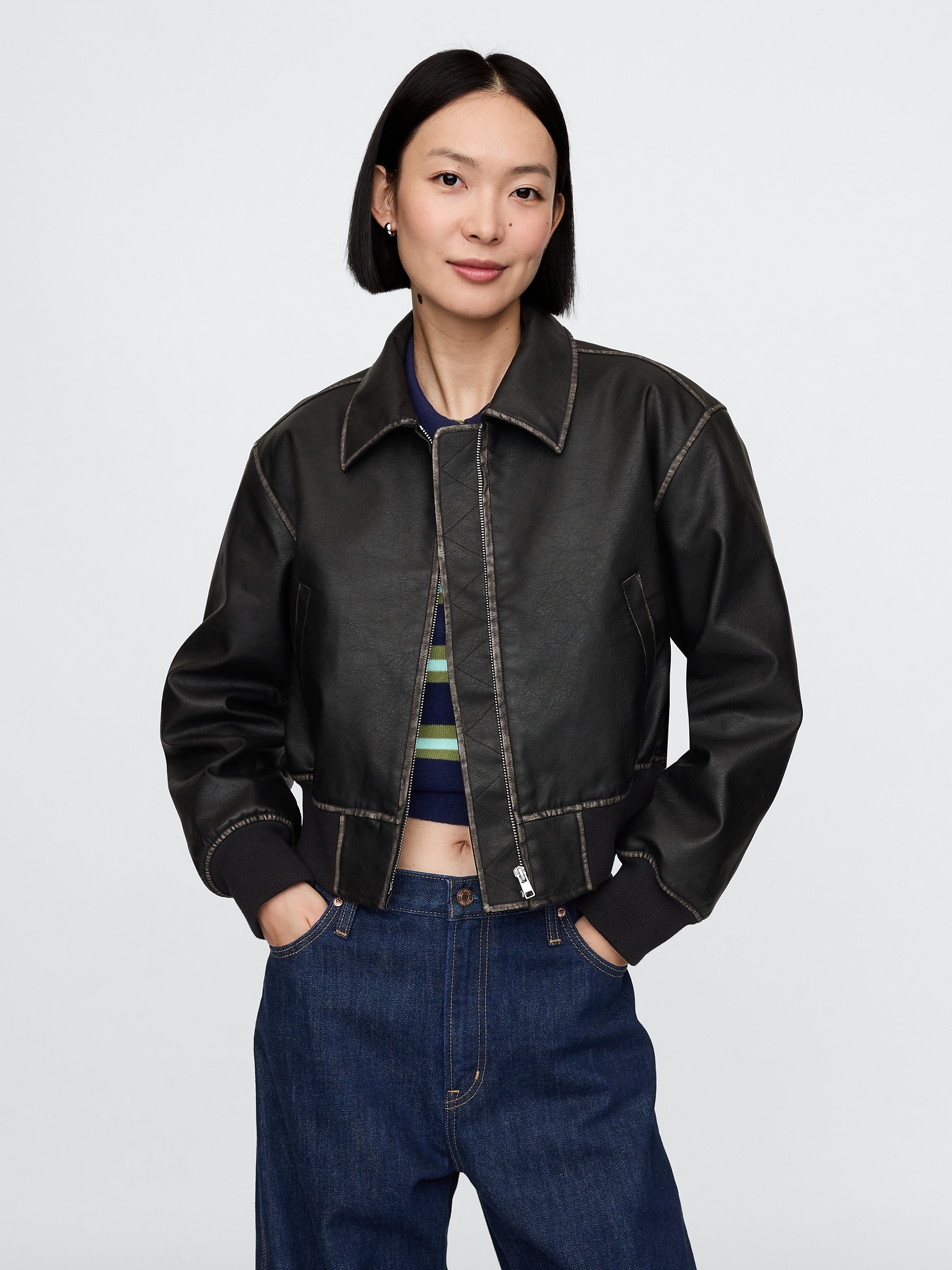 Vegan Leather Bomber Jacket - Black