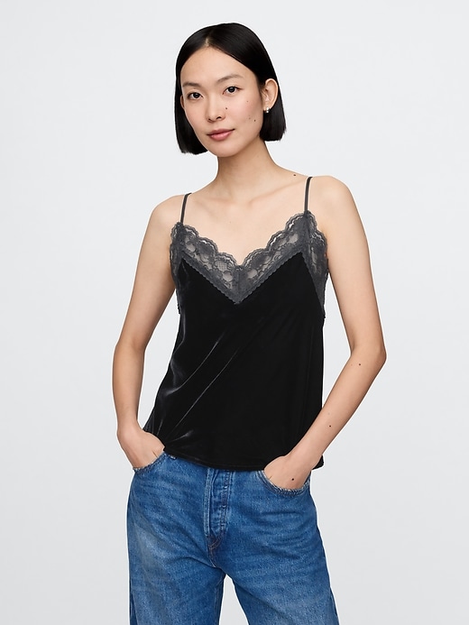 Image number 1 showing, Recycled Velvet Lace-Trim Cami