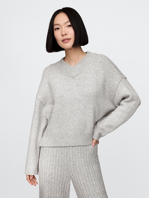 Image number 1 showing, CashSoft Cropped High V-Neck Sweater