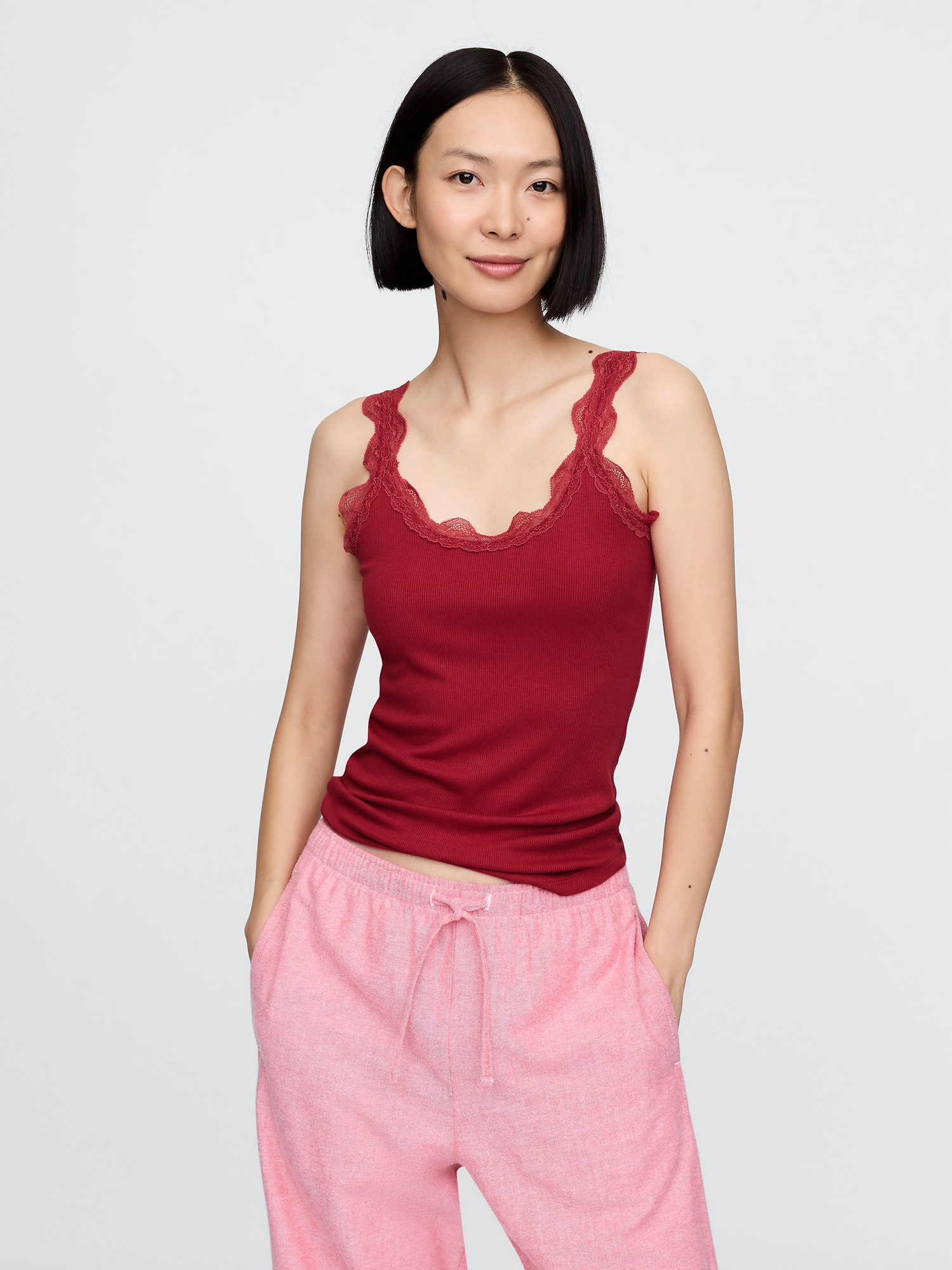 Mini Rib Lace PJ Tank Top - Red