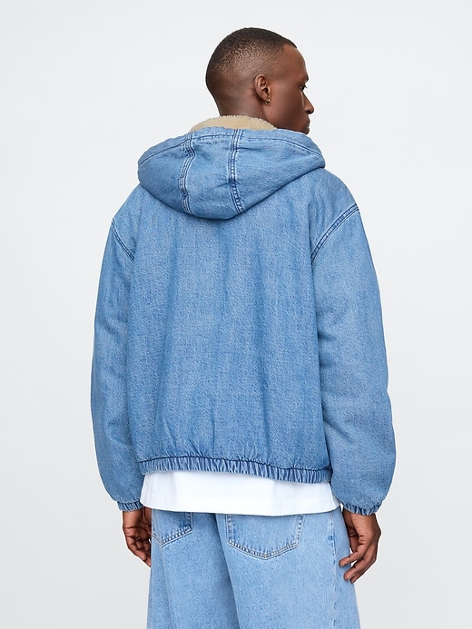 Image number 2 showing, Oversized Sherpa-Lined Denim Zip Hoodie