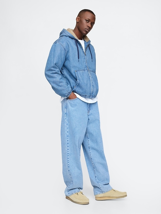 Image number 3 showing, Oversized Sherpa-Lined Denim Zip Hoodie