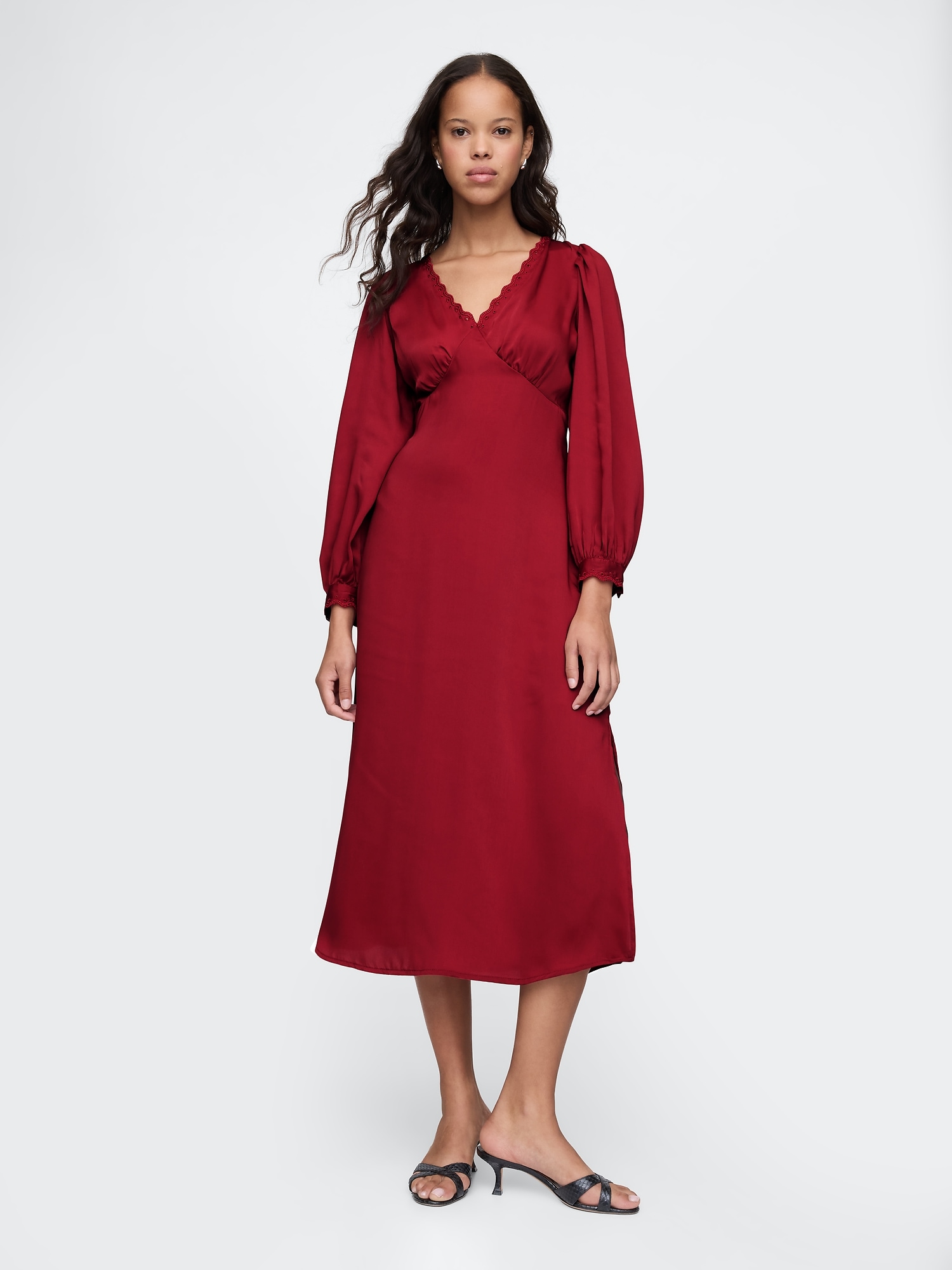 Satin Empire Midi Dress - Red