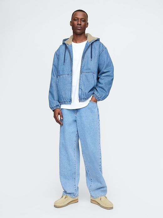 Image number 1 showing, Oversized Sherpa-Lined Denim Zip Hoodie