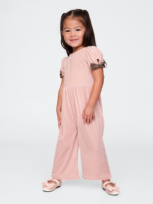 Image number 1 showing, Baby & Toddler Velour Bow-Sleeve Jumpsuit