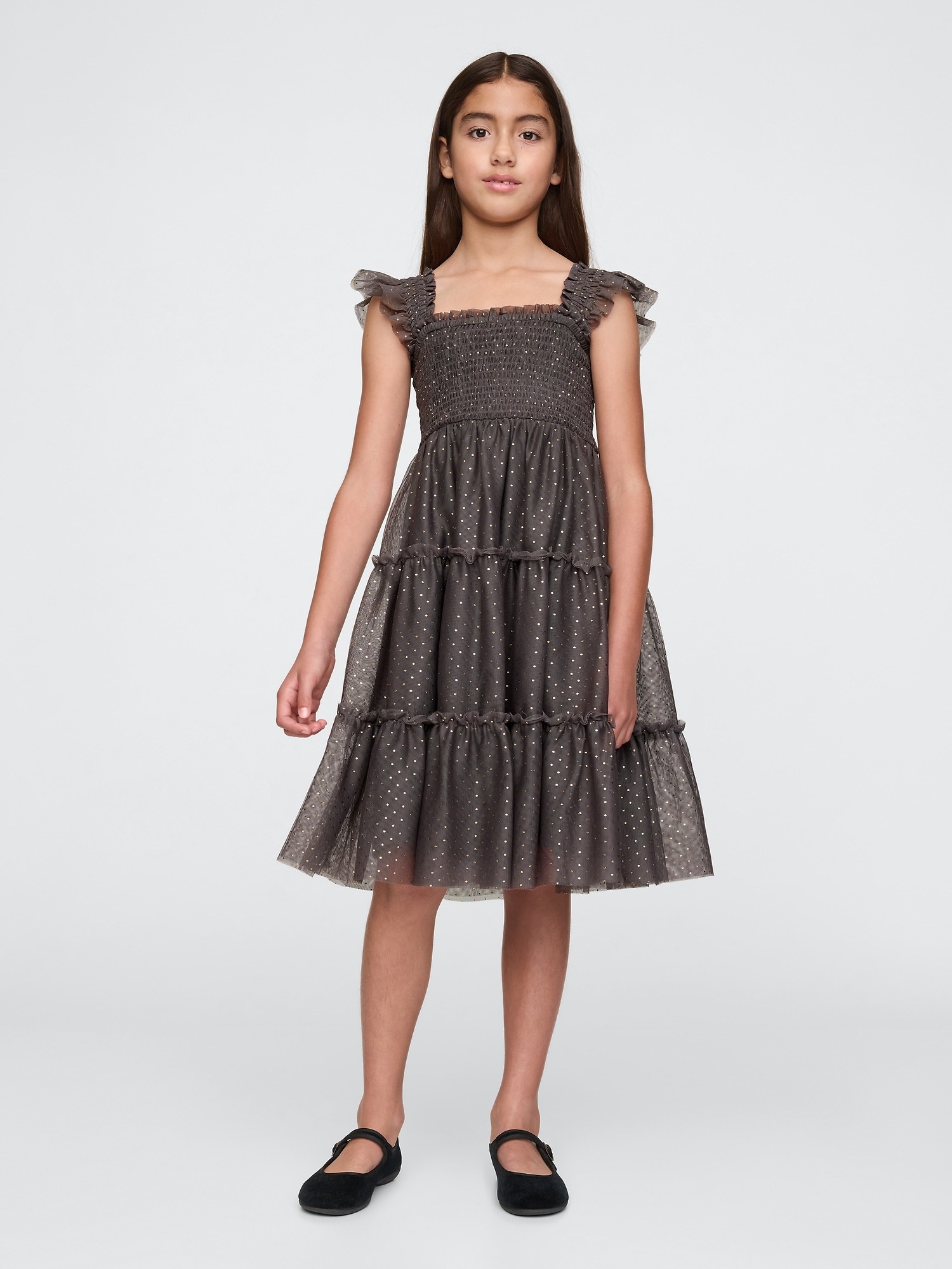 Kids Tiered Tulle Midi Dress - Brown